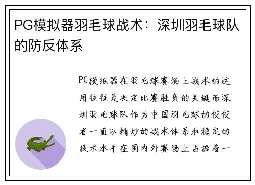 PG模拟器羽毛球战术：深圳羽毛球队的防反体系