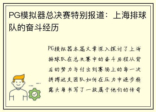 PG模拟器总决赛特别报道：上海排球队的奋斗经历